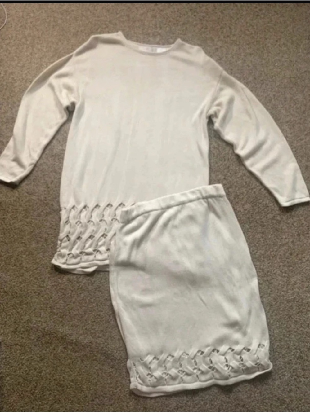 Vintage Cream Knit Two-Piece Skirt Set with Woven Hem